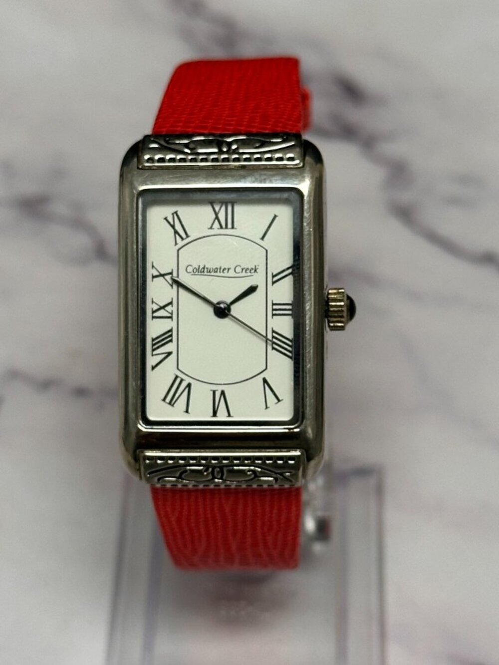 Coldwater Creek Watch Women Silver Tone Rectangle Red Leather Band New Battery